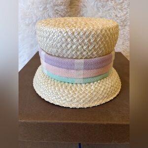 Vintage Straw Boater Skimmer Hat Pastel Band w/ Original Nachman’s Hat Box